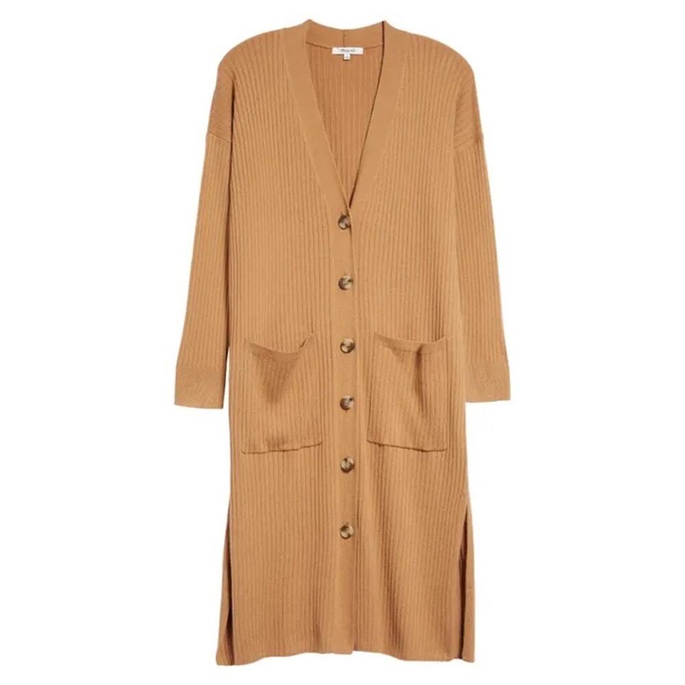 Madewell Long Ribbed Button-Front Cardigan in Camel